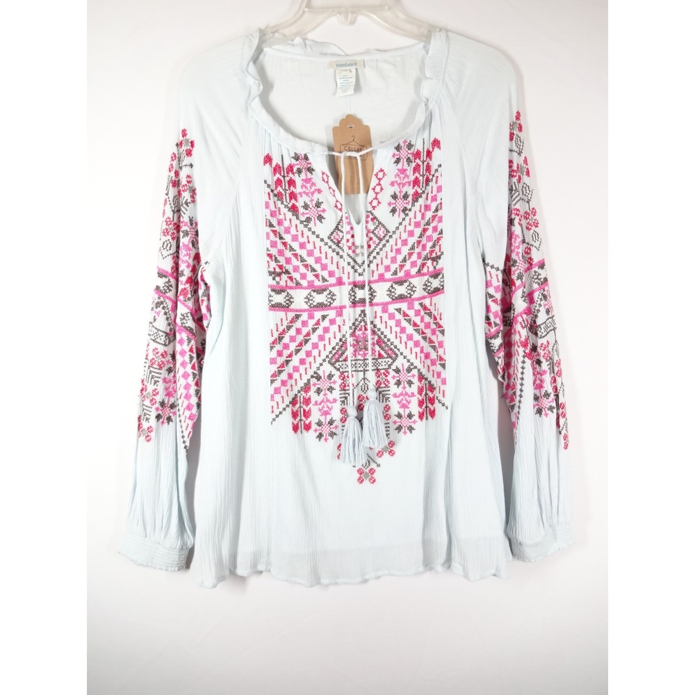 Sundance Embroidered Peasant Blouse Womens M Light Blue Pink Boho Tassel Top